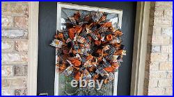 Orange/Black Haunted House Halloween Fall Deco Mesh Front Door Wreath Decor
