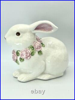 Pair Extra Large Bunnies With Rose Wreath Collars. Ceramic Easter Decor