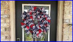 Patriotic USA 4th of July Mesh Front Door Wreath Indoor Outdoor, Porch Decoration
