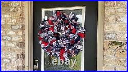 Patriotic USA 4th of July Mesh Front Door Wreath Indoor Outdoor, Porch Decoration