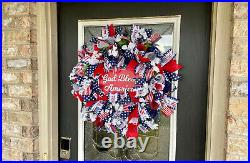 Patriotic USA God Bless America Floral 4th of July Deco Mesh Front Door Wreath