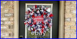 Patriotic USA God Bless America Floral 4th of July Deco Mesh Front Door Wreath