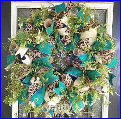 Peacock & Animal Print Deco Mesh Front Door Wreath, Summer Fall Decoration Decor