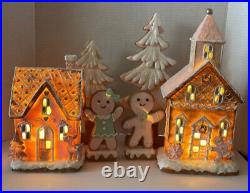 Peppermint square Pink Pastel Gingerbread Man Girl LED House Tree Village Set