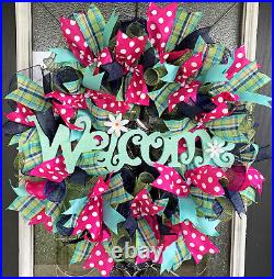 Pink PolkaDot & Aqua Welcome Front Door Deco Mesh Wreath Spring Summer Everyday