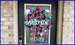 Pink PolkaDot & Aqua Welcome Front Door Deco Mesh Wreath Spring Summer Everyday
