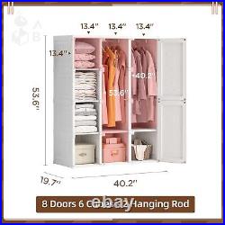 Portable Wardrobe Closet Storage Organizer for 6 Cubes-2 Hanging Rod, White