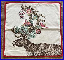 Pottery Barn Christmas Reindeer Santa Pillow Cover 20 x 20 Cotton Linen 2015