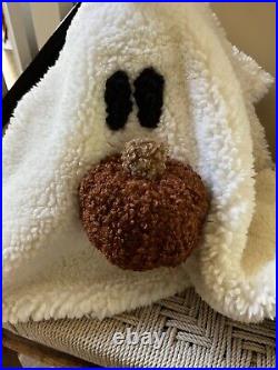 Pottery Barn Gus the Ghost With Pumpkin White Sherpa Shaped Pillow Halloween NWT
