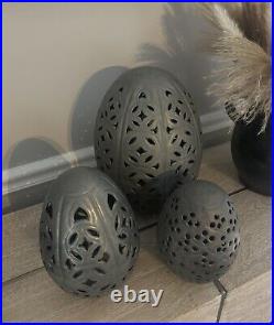 Pottery Barn Zinc Metal Punched Eggs-Set Of 3-Small-Medium-Large-Open Box