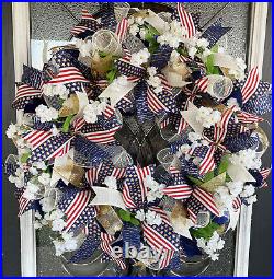 Pretty Patriotic American Flag Navy Blue Gold Cream Deco Mesh Front Door Wreath