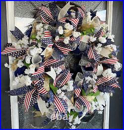 Pretty Patriotic American Flag Navy Blue Gold Cream Deco Mesh Front Door Wreath