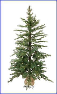 Primitive Rustic 4Ft Christmas Pine Tree Burlap Base Pre Lit