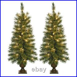 Set Of 2 Porch Christmas Trees 3.5' Pre-Lit 35 Clear Lights Each With Pots New