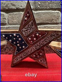 Set Of 3 Wooden Beaded July 4th Patriotic Star Tier Shelf Tabletop Decor