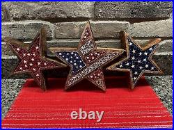 Set Of 3 Wooden Beaded July 4th Patriotic Star Tier Shelf Tabletop Decor