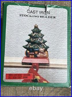 Set of 4 Cast Iron Mantel Stocking Holders Santa With Toy Sack, Bears Window, Tree