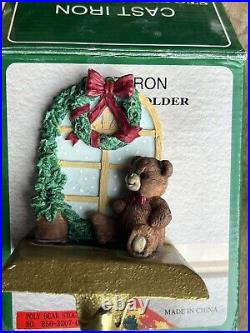 Set of 4 Cast Iron Mantel Stocking Holders Santa With Toy Sack, Bears Window, Tree