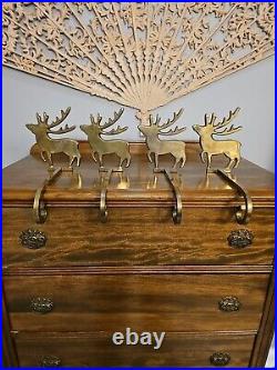 Set of 4 Vintage Long Arm Solid Brass Reindeer Stocking Holders Heavy Duty
