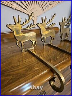 Set of 4 Vintage Long Arm Solid Brass Reindeer Stocking Holders Heavy Duty