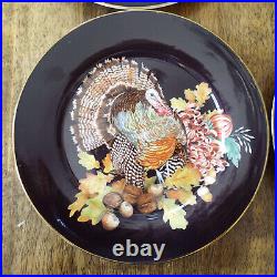 Set of 4 Williams Sonoma Black Harvest Bloom Thanksgiving Turkey Salad Plates 9