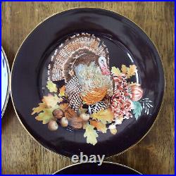 Set of 4 Williams Sonoma Black Harvest Bloom Thanksgiving Turkey Salad Plates 9