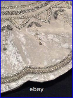 TAHARI christmas tree skirt 50 Hand Beaded cream crushed velvet silver white