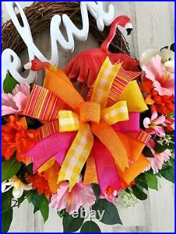 Tropical Summer Flamingo Wreath, Beach House Wreath for Front Door