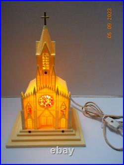 Vintage 1950s Christmas LIGHTED MUSICAL CHURCH 10t. By RAYLITE-USA- Works Great
