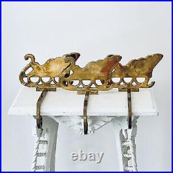 Vintage Brass Christmas Sleigh Stocking Holder Set of 3 Long Hook Gold Mantel