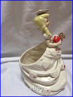 Vintage Lefton Valentine Girl Planter, Holding A Heart With Bow, #999, Great