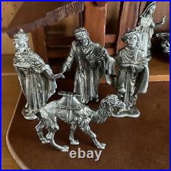 Vintage NATIVITY SET With Wooden Manger & Base And With 15 Pewter Figurines'90s