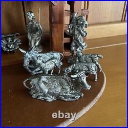 Vintage NATIVITY SET With Wooden Manger & Base And With 15 Pewter Figurines'90s