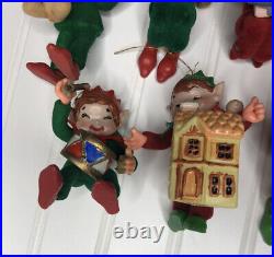 Vintage Rare Lot Of 7 Christmas Pixie Toy Making Elves Plastic Ornaments