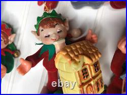 Vintage Rare Lot Of 7 Christmas Pixie Toy Making Elves Plastic Ornaments