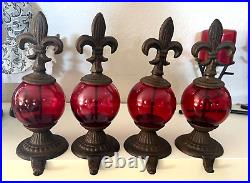 Vintage Set 4 Red Glass Bulb Cast Iron Stocking Holders Fireplace Decor