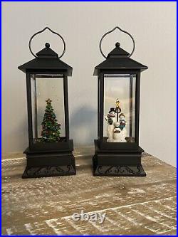 Vintage Set Of 2 Christmas Theme Lighted Lanterns With Glitter, Changes Colors