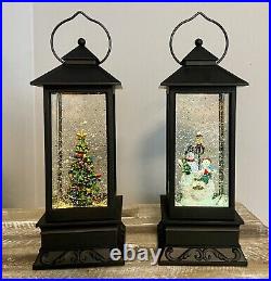 Vintage Set Of 2 Christmas Theme Lighted Lanterns With Glitter, Changes Colors