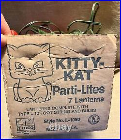 Vtg Kitty Kat Cat 7 Party Lights Lantern Blow Mold 13' String LIDCO In Box USA
