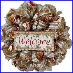Welcome Harvest Burlap and Lace Wreath Handmade Deco Mesh
