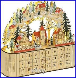 Wooden Christmas Advent Calendar, Light Up Table Holiday Decoration with 24 Drawer