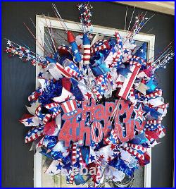 XL Deluxe Patriotic Happy 4th of July BLING Deco Mesh Front Door Wreath Decor