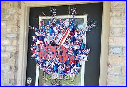 XL Deluxe Patriotic Happy 4th of July BLING Deco Mesh Front Door Wreath Decor