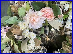 XL French Country Pink Cabbage Rose & Dahlia Deco Mesh Front Door Wreath Decor